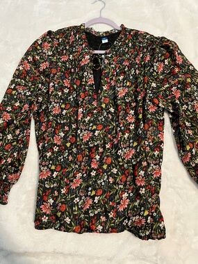 Old Navy Black Floral Long-Sleeve Blouse with Pink and Green Accents